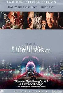 The "A.I. Artificial Intelligence" DVD cover features Haley Joel Osment and Jude Law above a futuristic cityscape.
