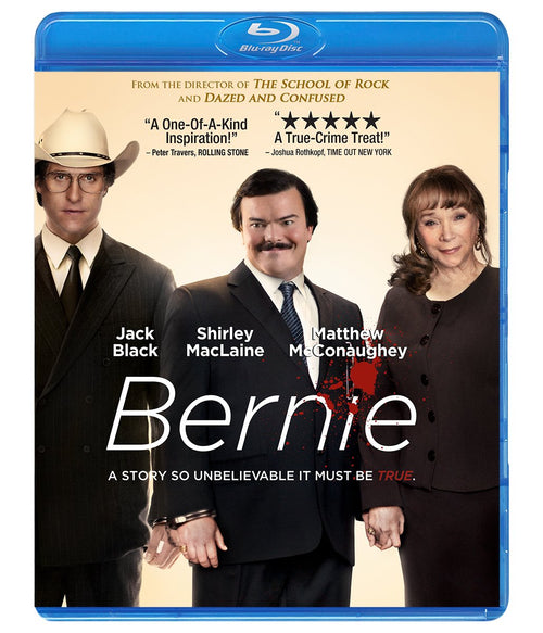 The Bernie movie Blu-ray cover features Jack Black, Shirley MacLaine, and Matthew McConaughey in character, advertising the true-crime story.
