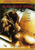 A soldier holding a rifle sits on a helicopter in the "Black Hawk Down" movie poster.
