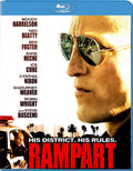 Woody Harrelson stars in the Rampart Blu-ray movie cover, featuring his reflection in aviator sunglasses against a Los Angeles backdrop.
