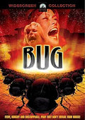 The "Bug" horror movie poster shows terrified people and hordes of beetles with the tagline: Fiery, hungry, and unstoppable.
