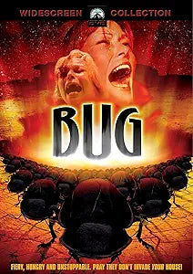 The "Bug" horror movie poster shows terrified people and hordes of beetles with the tagline: Fiery, hungry, and unstoppable.
