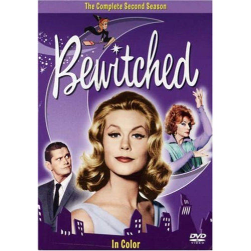 "Bewitched: The Complete Second Season" DVD cover showcases Samantha Stephens alongside Darrin and Endora in a retro-style illustration.
