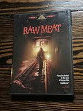 Shows the DVD cover of the horror movie "Raw Meat" featuring a menacing figure on subway tracks.
