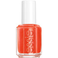 Essie nail polish displays a vibrant, coral-orange color inside a clear glass bottle with a white cap.
