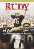 Notre Dame football player Rudy is carried off the field by teammates, celebrating his achievement, as depicted on the movie's DVD cover.
