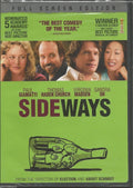 The DVD cover for the award-winning comedy Sideways features the main actors and an illustration of two men inside a wine bottle.
