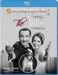 Jean Dujardin and Bérénice Bejo smile alongside a Jack Russell terrier on the Blu-ray cover for the Academy Award-winning film "The Artist."
