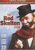 Red Skelton, wearing a black hat and red scarf, appears on "The Red Skelton Show" triple feature DVD cover.
