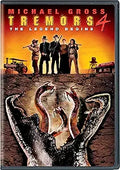 The Tremors 4 DVD cover shows a group of old west characters standing above emerging Graboid monsters in the desert.
