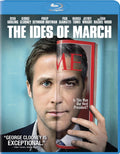 The Blu-ray cover for "The Ides of March" features Ryan Gosling's face merging with George Clooney's portrait on a magazine cover asking, "Is This Man Our Next President?".
