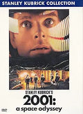 Stanley Kubrick's "2001: A Space Odyssey" DVD cover features an astronaut's concerned face peering out of his helmet above a group of figures in space suits.
