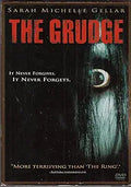 The Grudge movie DVD cover features a ghostly woman's haunting eye peering from dark, stringy hair.
