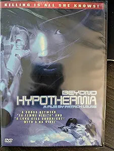 Close-up shows the DVD case of "Beyond Hypothermia," an action thriller movie with a female protagonist and the tagline "Killing is all she knows."
