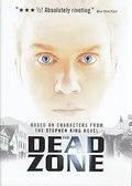"The Dead Zone" Stephen King novel adaptation movie poster features a close-up portrait of a man with intense blue eyes above a New England town.
