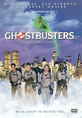 The Ghostbusters team stands ready in front of a city skyline on the DVD cover, with Slimer floating above them.
