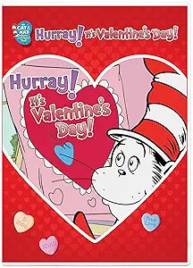 The Cat in the Hat celebrates Valentine's Day on a children's book cover featuring a heart-shaped card.
