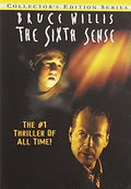 The Sixth Sense movie poster features Bruce Willis and a young boy against a dark background with golden light, promoting it as the #1 thriller.
