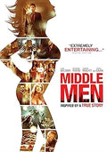 Movie poster showcases the "Middle Men" film with a woman's silhouette filled with scenes depicting the film's story.
