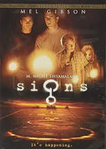 The movie poster for "Signs" features Mel Gibson and his children looking up at a mysterious light in a cornfield.
