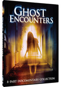 The Ghost Encounters 8-Part Documentary Collection DVD cover features a ghostly figure in a long gown floating down a brightly lit, eerie hallway.
