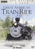 The "Great American Train Ride" DVD cover showcases a vintage steam engine locomotive, promising a journey across America from Chicago to Alaska.

