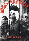 The Sons of Anarchy Season Four poster features three biker gang members looking serious.
