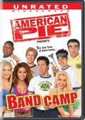 The "American Pie Presents: Band Camp" DVD cover features a group of smiling, diverse young adults and Eugene Levy, promising a comedic band camp movie experience.
