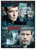 The movie poster for "The Ghost Writer" features Pierce Brosnan and Ewan McGregor amid protest signs and falling papers, promoting the Roman Polanski film.
