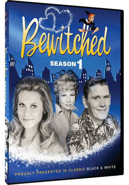 The "Bewitched" Season 1 DVD cover features Elizabeth Montgomery, Agnes Moorehead, and Dick York, with a cartoon witch flying over a city skyline.
