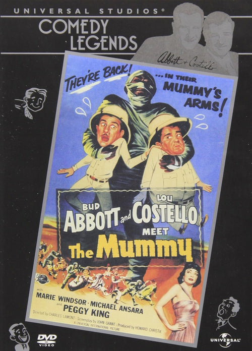 The DVD cover for "Abbott and Costello Meet the Mummy" shows the comedy duo being embraced by a scary mummy for the classic Universal Studios comedy film.
