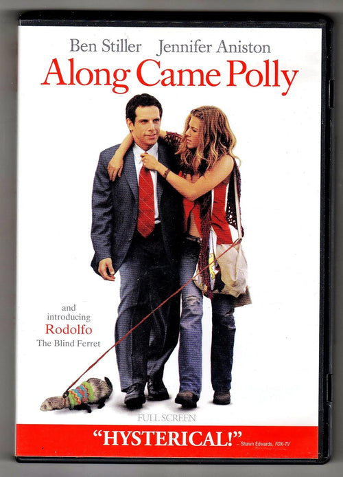 The "Along Came Polly" DVD cover features Jennifer Aniston adjusting Ben Stiller's tie as they stroll with Rodolfo the blind ferret.

