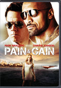 "Pain & Gain" movie poster features Mark Wahlberg and Dwayne "The Rock" Johnson in sunglasses above a woman in a dress, set against a Miami backdrop.
