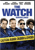 The movie poster for "The Watch" features Ben Stiller, Vince Vaughn, Jonah Hill, and Richard Ayoade wearing matching blue jackets with a "Caution: Ruder, Cruder & Lewder" tape across them.
