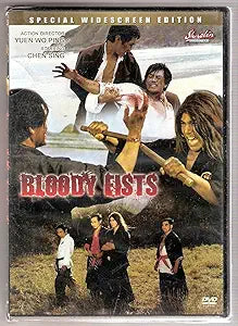 Movie poster for "Bloody Fists" showcases martial arts action with fighters battling on a beach.
