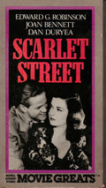 Scarlet Street movie poster features Edward G. Robinson and Joan Bennett in a classic film noir romance.
