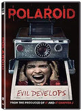 Horrified woman screams as a vintage Polaroid camera captures her in the movie "Polaroid" - Evil Develops horror film DVD cover.

