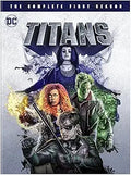 DC's Titans complete first season DVD cover features Raven, Starfire, Beast Boy, and Robin standing together.
