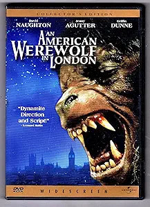 See the An American Werewolf in London DVD cover with a frightening werewolf face looming over the city.

