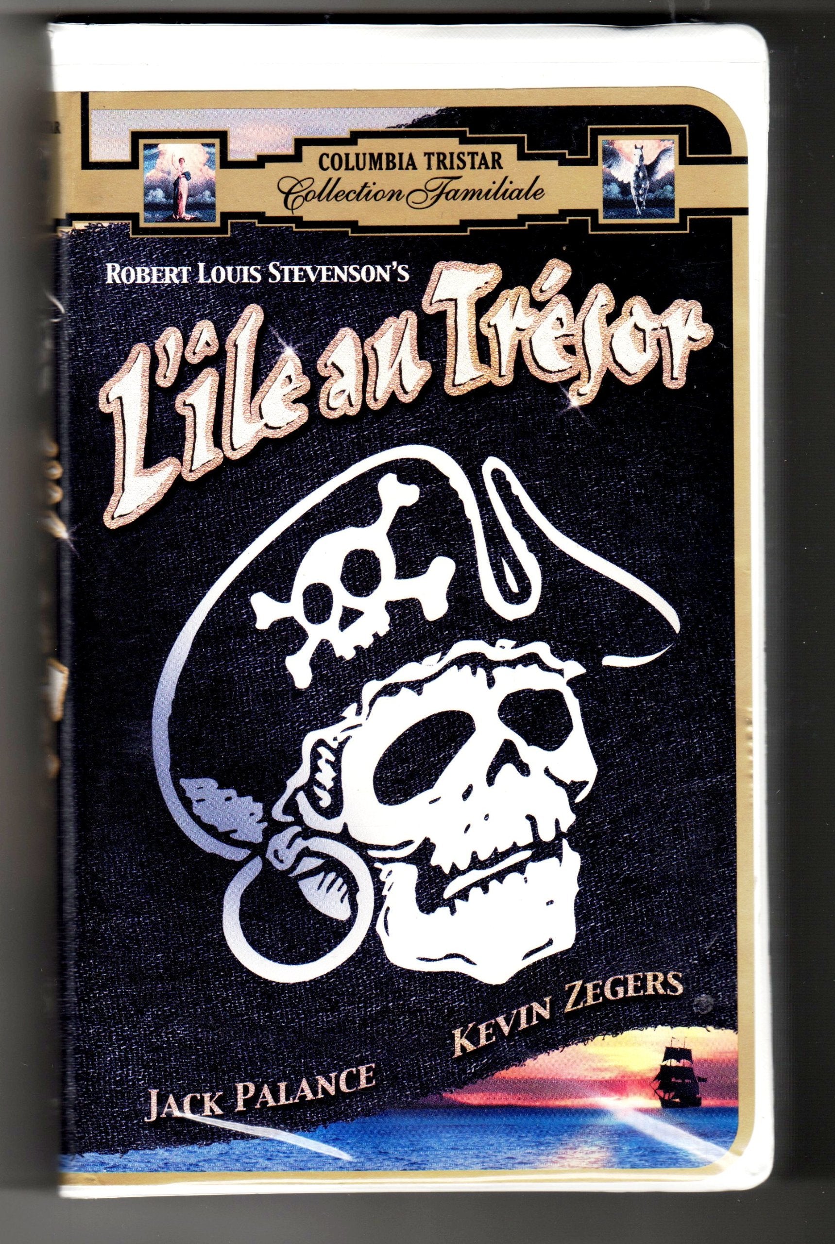 See the vintage Columbia Tristar VHS cover for Robert Louis Stevenson's "Treasure Island," featuring a skull pirate flag and Jack Palance.
