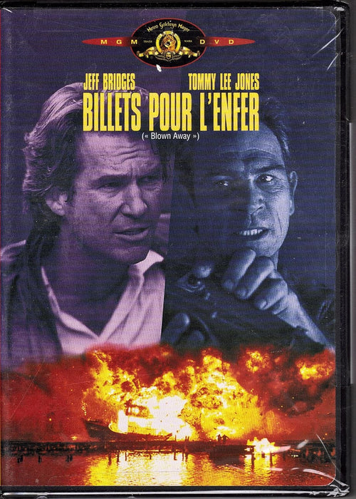 Jeff Bridges and Tommy Lee Jones star in the "Blown Away" DVD cover depicting an explosive scene.
