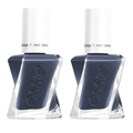 Two bottles of Essie nail polish, labeled "step 1: nail color," stand side-by-side, showcasing a dark blue-gray shade.
