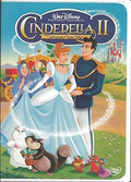 Cinderella and Prince Charming pose on the DVD cover of Walt Disney's "Cinderella II: Dreams Come True," featuring the Fairy Godmother, Jaq, Gus, and other characters with the castle in the background.
