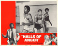 The movie poster for "Halls of Anger" features basketball players on a court alongside a yelling man in a suit, against a bold red backdrop.
