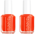Two bottles display vibrant orange Essie nail polish with white caps.
