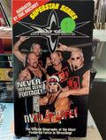 The World Championship Wrestling Superstar Series VHS cover features Eric Bischoff and the nWo wrestling team, including Hulk Hogan, promoting "Never Before Seen Footage" for one dollar.
