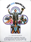 "Sweet Jesus Preacher Man" movie poster displays a Black preacher holding a gun and bible amidst scenes of action, crime, and alluring women.
