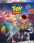 The Toy Story 4 DVD cover features Woody, Buzz Lightyear, Bo Peep, Forky, Ducky, and Bunny in front of a colorful carnival setting with a Ferris wheel.
