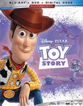 Woody poses on the Blu-ray cover of Disney Pixar's Toy Story movie, featuring Buzz Lightyear, Slinky Dog, and an alien.
