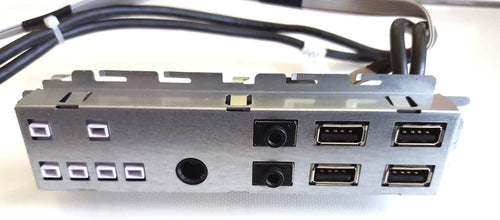 The computer component panel displays multiple USB ports and audio jacks connected with wires.
